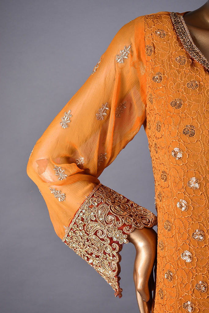 3pc Un-Stitched Embroidered Bamber Chiffon Dress With Raw Silk Trouser - Ocherous (AMB-02-Orange)