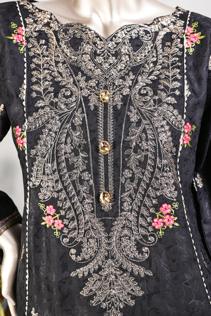 SC-248B-Black - Deewan-e-khas | 3Pc Cotton Embroidered & Printed Dress