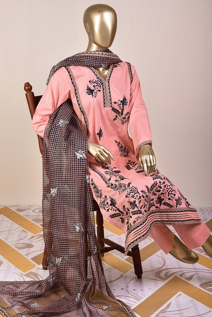 Scorpio (SC-173B-Pink) 3Pc Embroidered & Printed Un-Stitched Cotton Dress With Embroidered Chiffon Dupatta