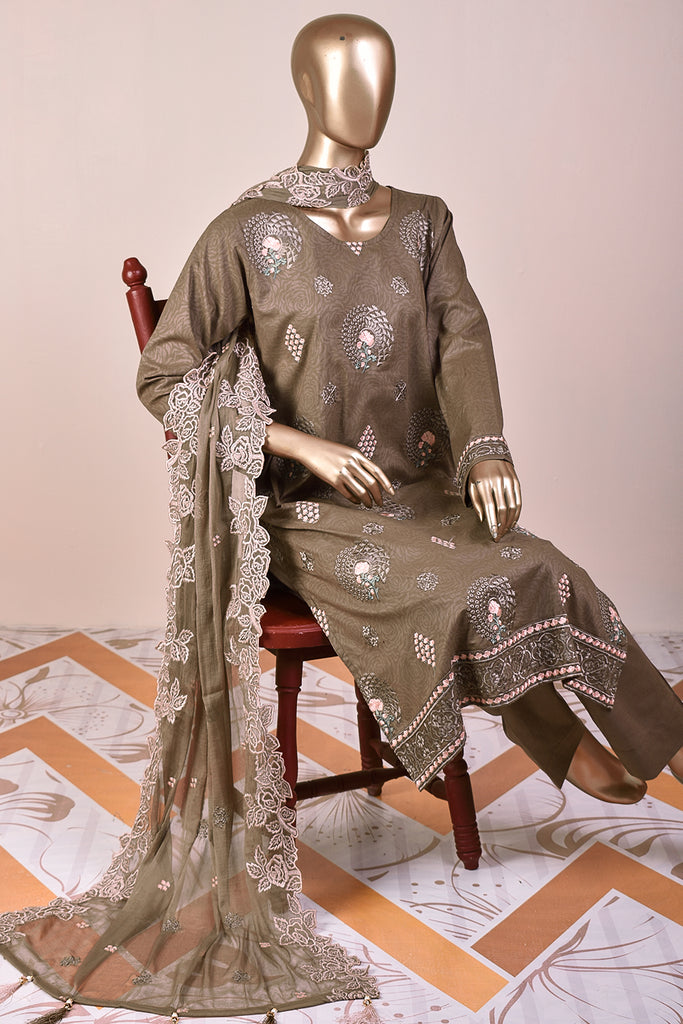 Rose Garden (SC-98A-Brown) Embroidered Cambric Dress with Embroidered Chiffon Dupatta