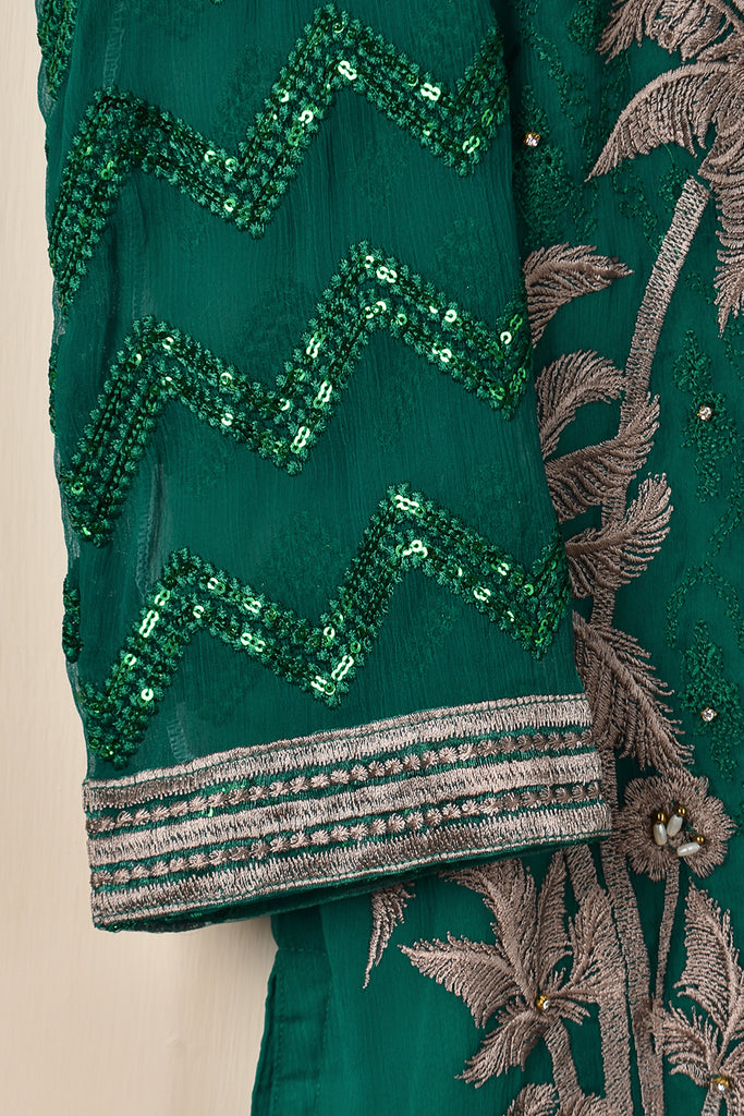 1Pc Unstitched Chiffon Embroidered Kurti With Jewel Handwork - (CUK-06-Green)