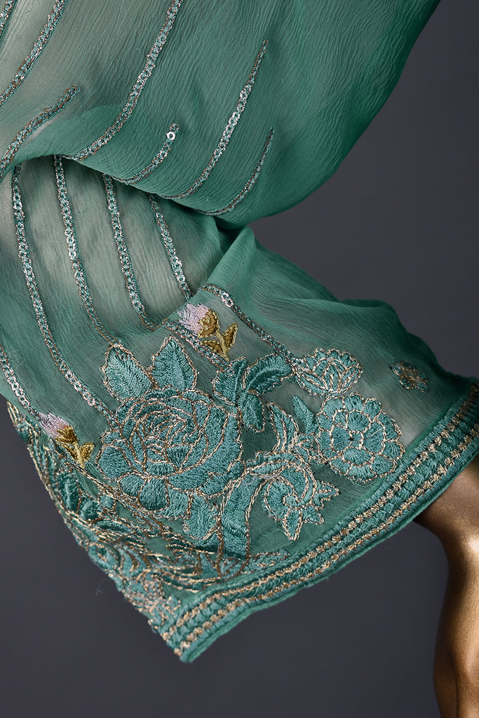 3pc Un-Stitched Embroidered Bamber Chiffon Dress With Raw Silk Trouser - Trailing Plant (AMB-04-Greenish)