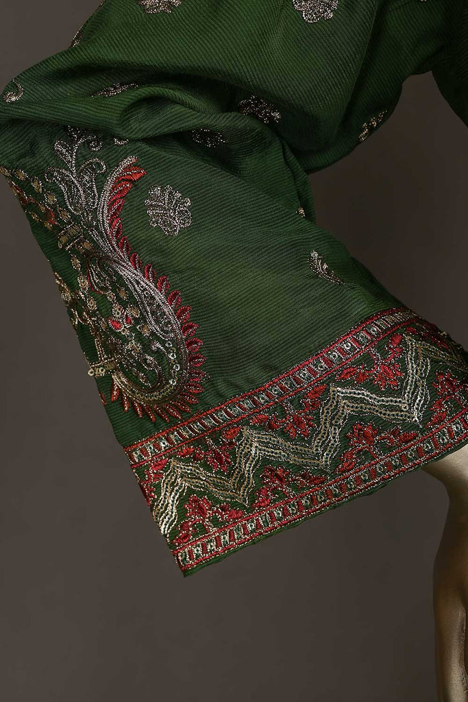 EM-11A-Green - RANGOLI | 3Pc Raw Silk Embroidered & Printed Dress