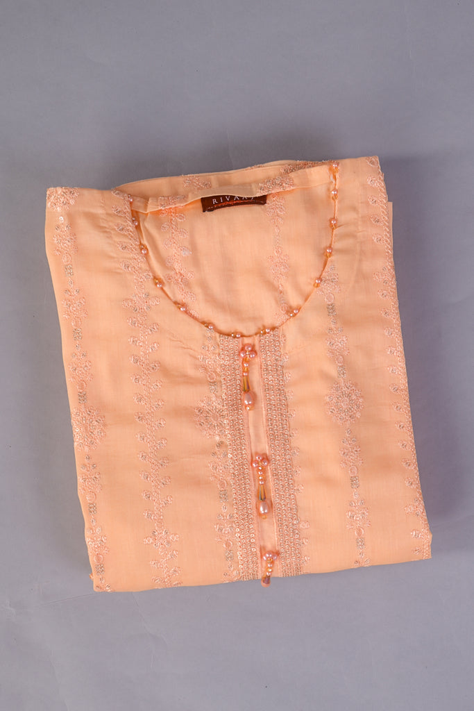 R21-C154-Peach - 3 Pc Semi Unstitched Cotton Embroidered