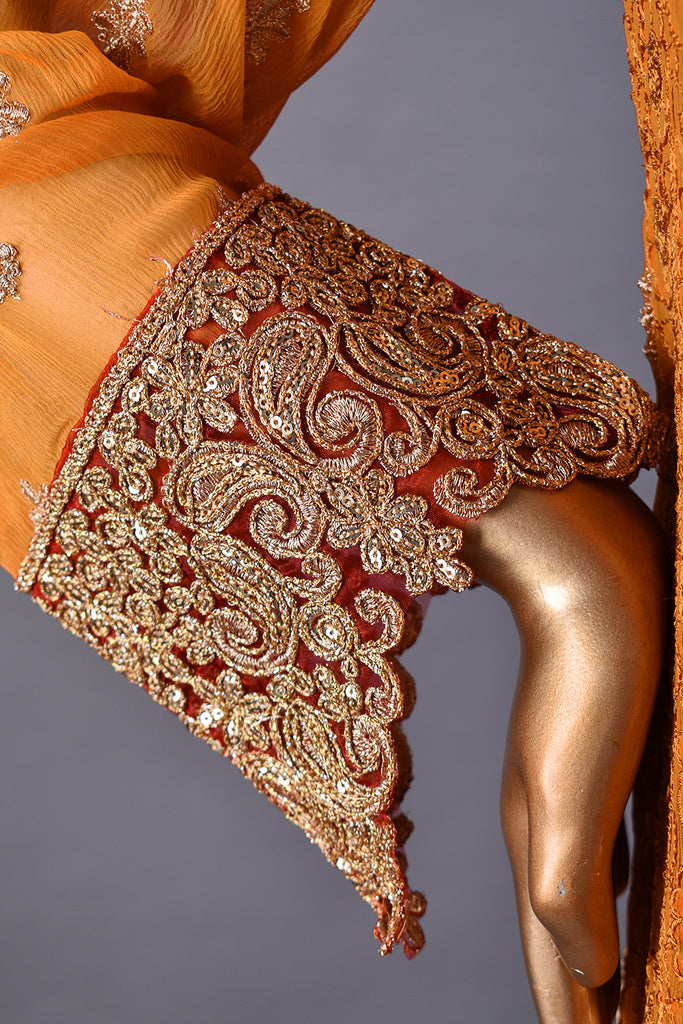 3pc Un-Stitched Embroidered Bamber Chiffon Dress With Raw Silk Trouser - Ocherous (AMB-02-Orange)