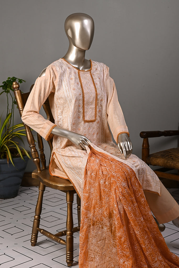 SC-250B-Peach - Token | 3Pc Cotton Embroidered & Printed Dress