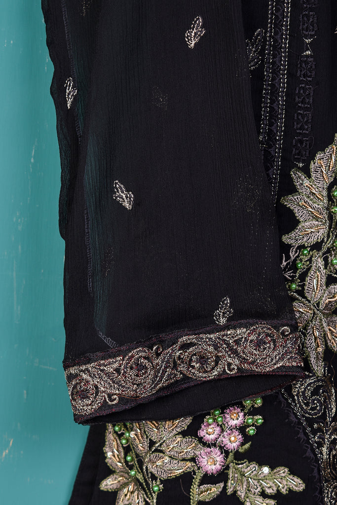 1Pc Unstitched Chiffon Embroidered Kurti With Jewel Handwork - (CUK-02-Black)