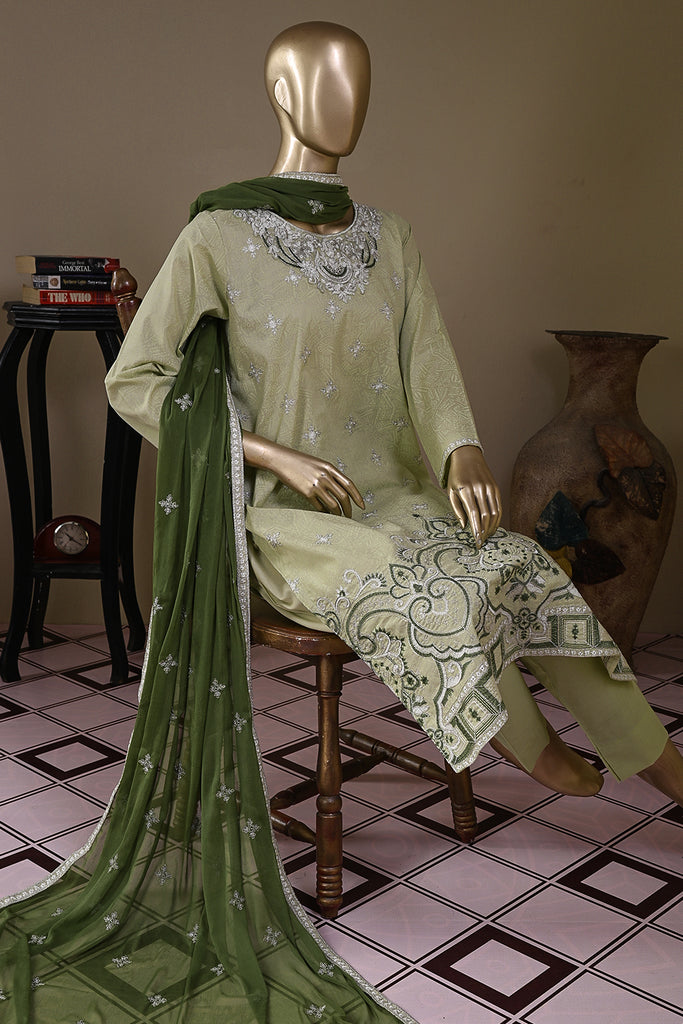 SC-220B-Green - Lion King | 3Pc Cotton Embroidered & Printed Dress