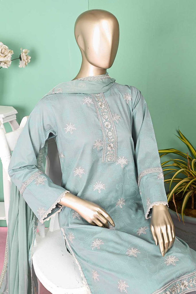 SC-301B-Cyan - Marvell | 3Pc Cotton Embroidered & Printed Dress