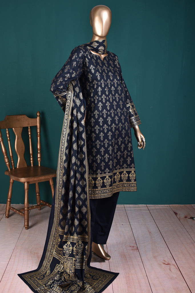 (CC-3D-Navy Blue) | 3 Pc Unstitched Printed Cambric Dress