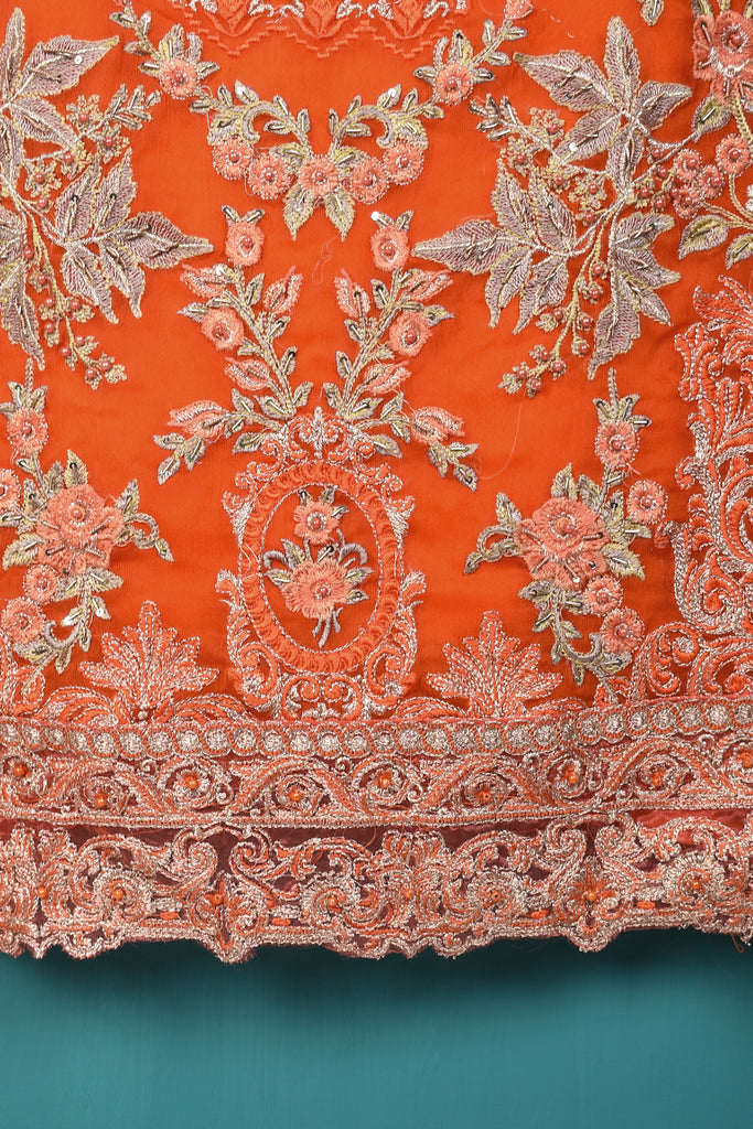 1Pc Unstitched Chiffon Embroidered Kurti With Jewel Handwork - Fireworks (CUK-01-Orange)
