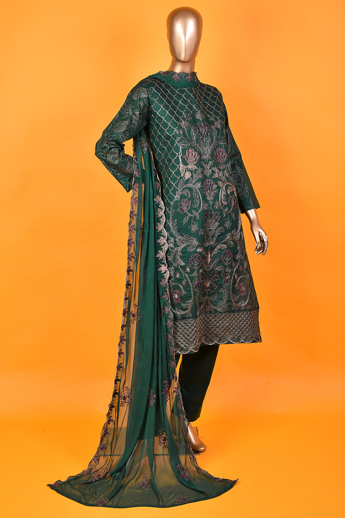 Persian-Cat-(SC-169A-Green) 3Pc Embroidered & Printed Un-Stitched Cotton Dress With Embroidered Chiffon Dupatta