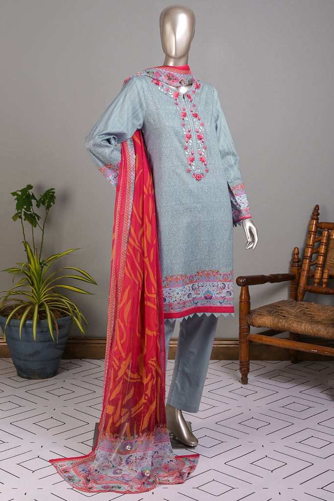 E2-02 | 3Pc Lawn Embroidered & Printed Dress