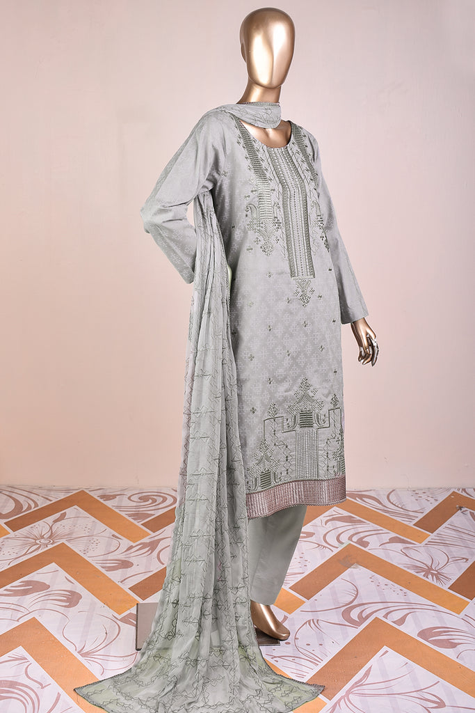 Royal Emirates (SC-175A-Grey) 3Pc Embroidered & Printed Un-Stitched Cotton Dress With Embroidered Chiffon Dupatta
