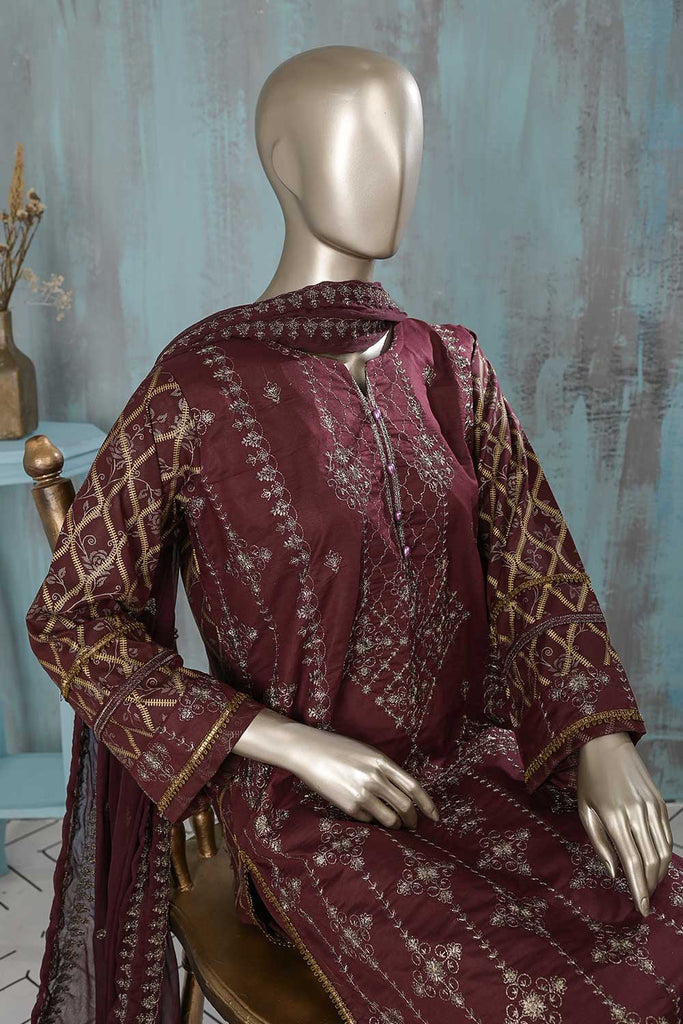 SC-265B-Maroon - BASANT | 3Pc Cotton Embroidered & Printed Dress