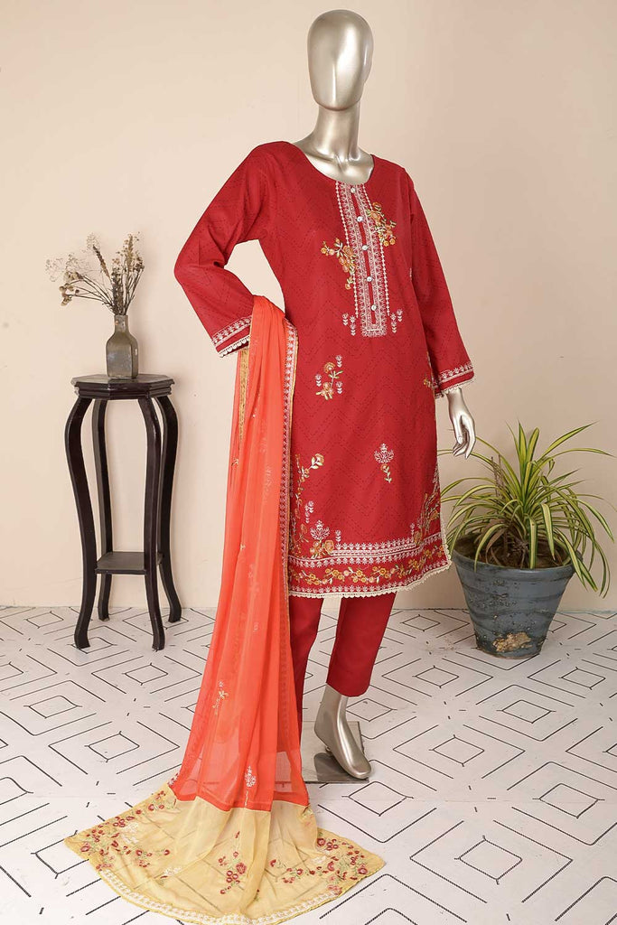 SC-284A-Red - Florent | 3Pc Cotton Embroidered & Printed Dress
