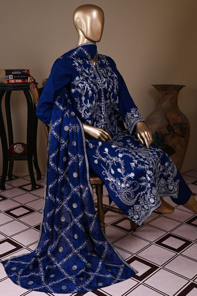 SC-223B-Blue - Divine Glory | 3Pc Cotton Embroidered & Printed Dress