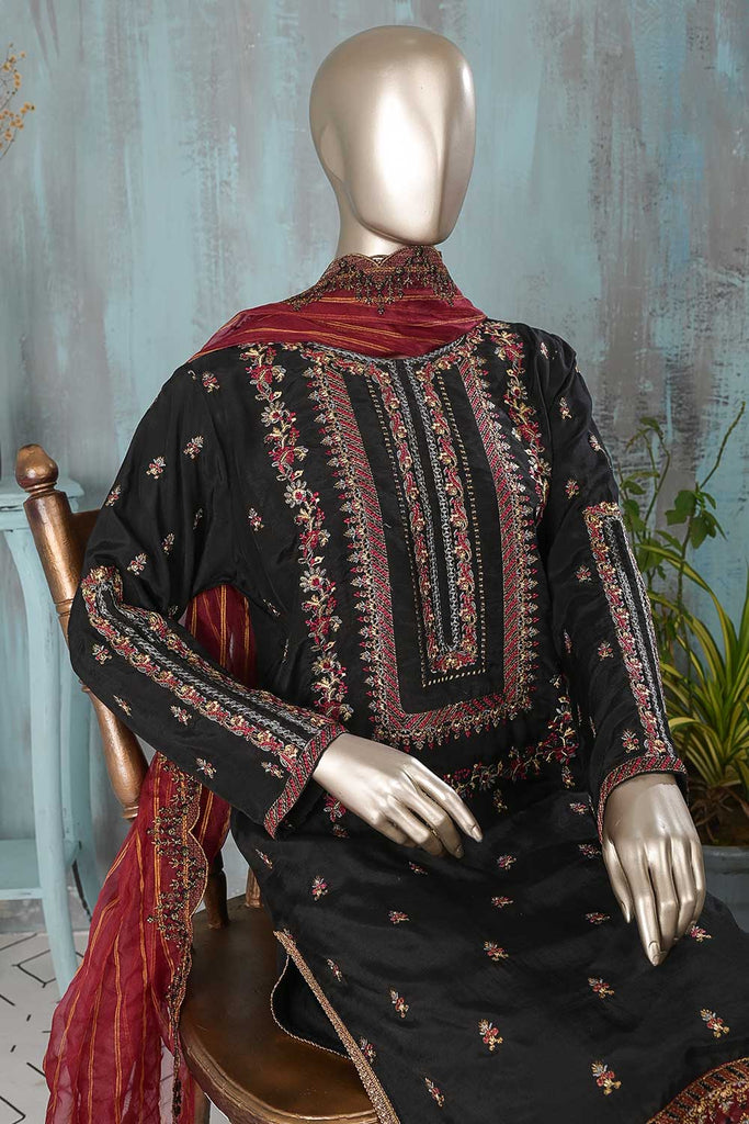 SC-267B-Black - Manto | 3Pc Raw Silk Embroidered & Printed Dress
