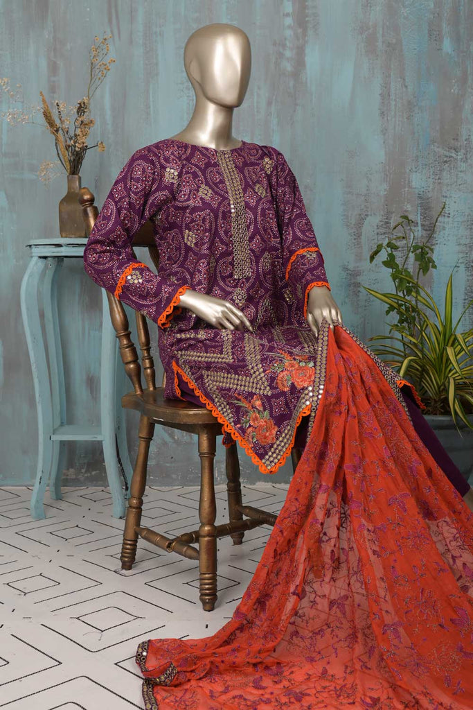SC-198F-Purple - The 9MM | 3Pc Cotton Embroidered & Printed Dress