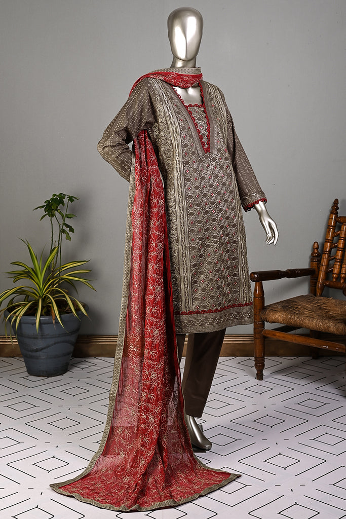 SC-250A-Brown - Token | 3Pc Cotton Embroidered & Printed Dress