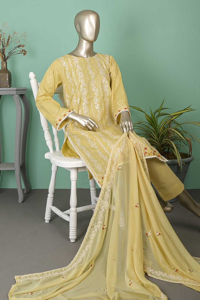 SC-290B-Yellow - Belle | 3Pc Cotton Embroidered & Printed Dress
