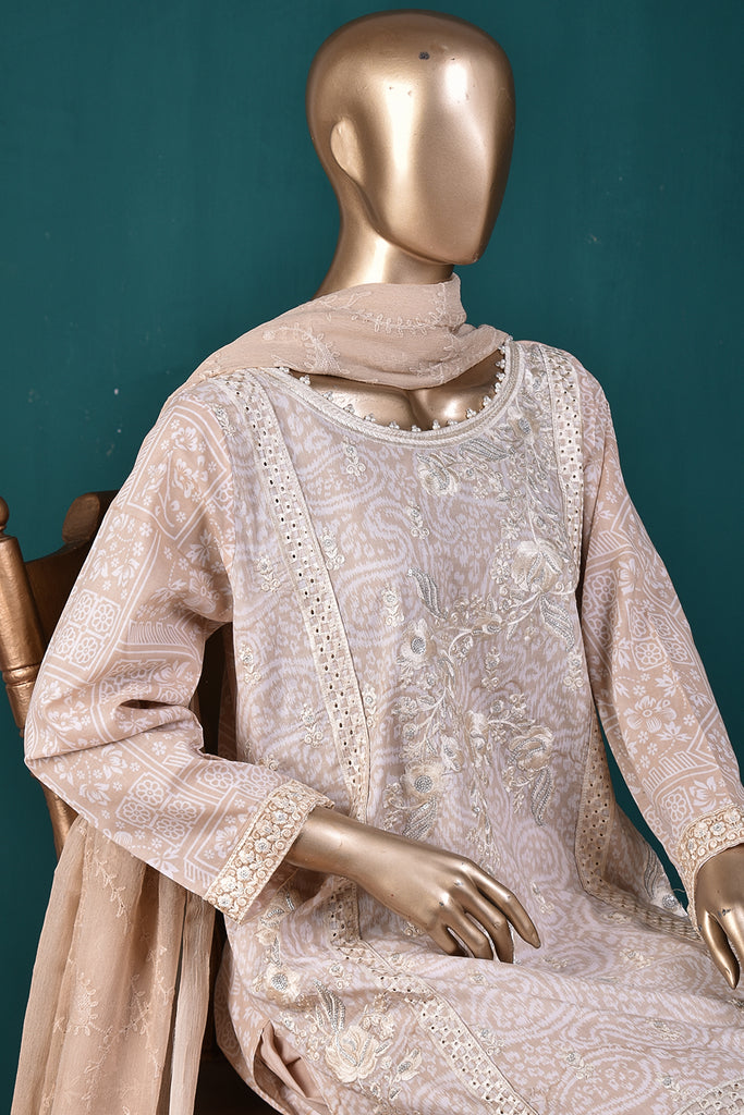 3 Pc Semi-Stitched Embroidered Self-Printed Cotton Dress with Chiffon Embroidered Dupatta and Cotton Trouser  - (P-127B-Skin)
