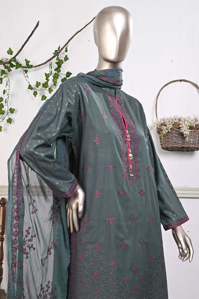 SC-209C-Grey - SNOW LINES | 3Pc Cotton Embroidered & Printed Dress