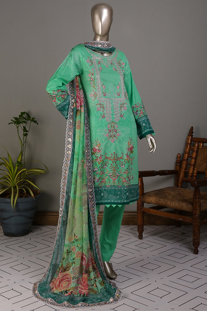 E2-10 | 3Pc Lawn Embroidered & Printed Dress