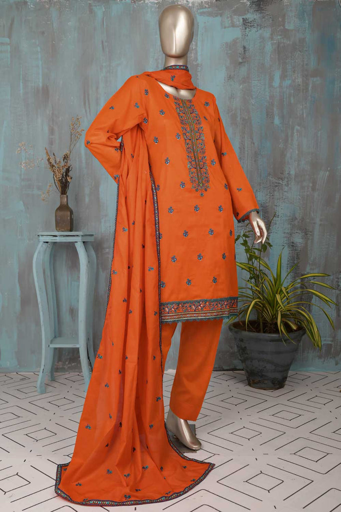 SC-270A-Orange - Zunaira | 3Pc Cotton Embroidered & Printed Dress