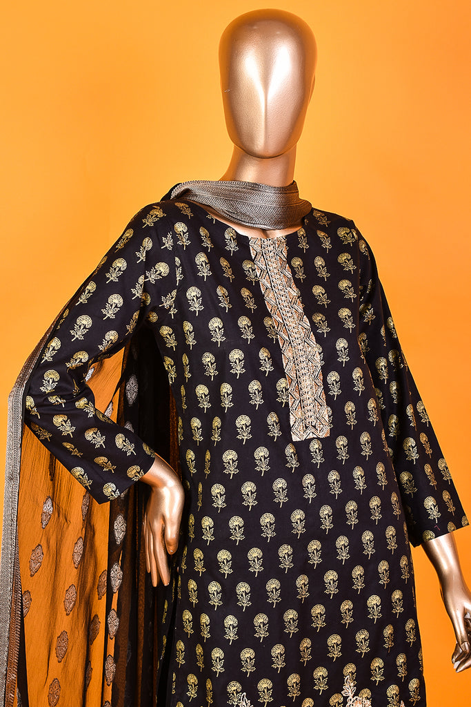 Kapasia (SC-123C-Black) Embroidered & Printed Un-Stitched Cotton Dress With Printed Chiffon Banarsi Dupatta