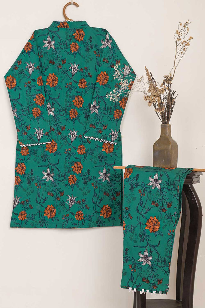 D-12-Turquoise | 2Pc Printed Cambric Dress With Trouser