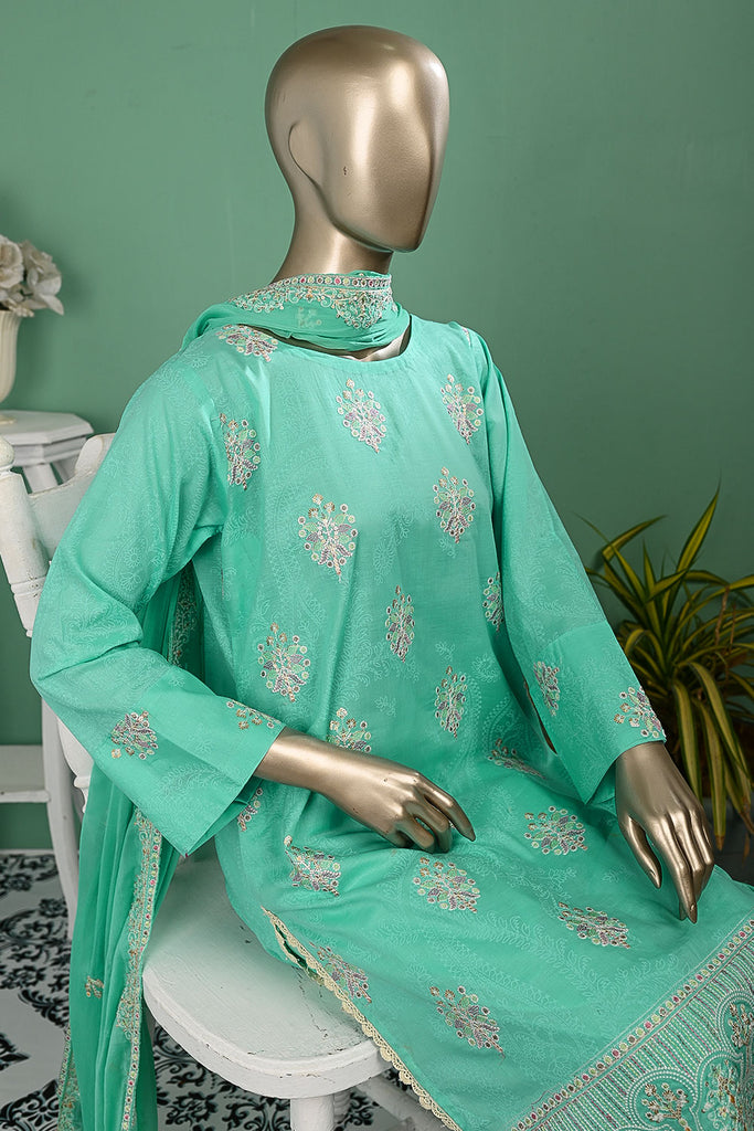 SC-306B-SeaGreen - Lucifer | 3Pc Cotton Embroidered & Printed Dress