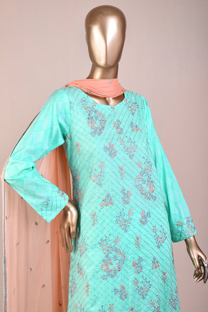 Cherish Glow (SC-118B-LightGreen) Embroidered & Printed Un-Stitched Cambric Dress With Embroidered Chiffon Dupatta