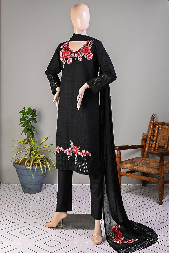 HJC-05B-Black | 3Pc Schiffli Un-Stitched Chikankari Dress With Embroidered Flowers Bunches With Chiffon Embroidered Dupatta
