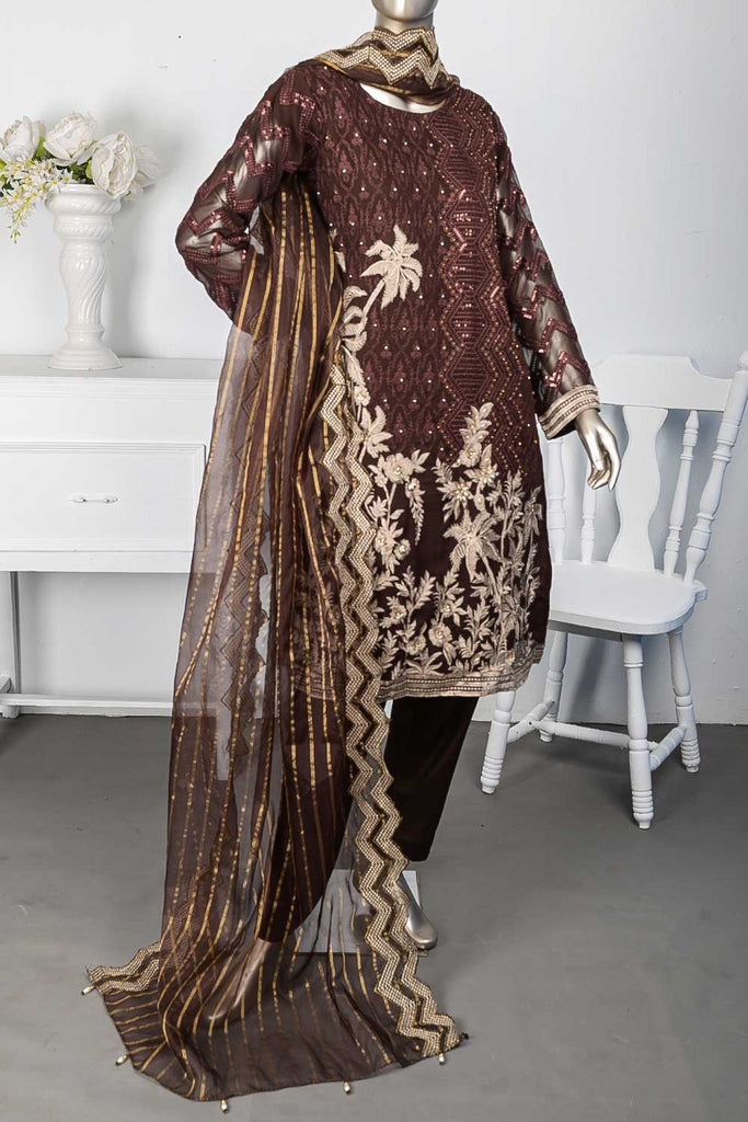 EHPC-1B-Brown - Coconut Groove | 3Pc Chiffon Handwork Embroidered Dress