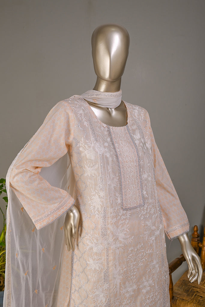 SC-89D-LightPeach - AAINA FLOWER | 3Pc Cotton Embroidered & Printed Dress
