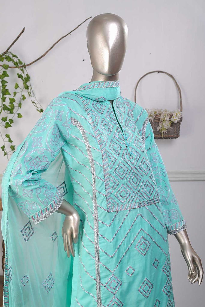 SC-257A-Ferozi - Chunri Waves | 3Pc Cotton Embroidered & Printed Dress