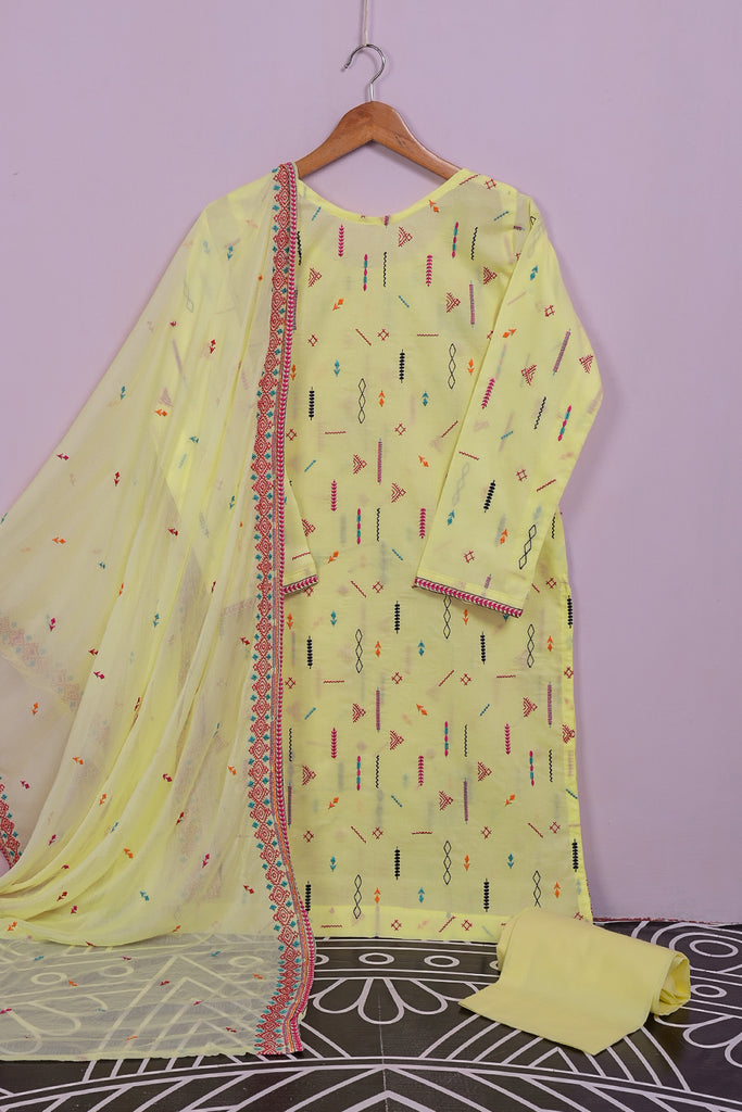 SC-207B-Lemon - Universal | 3Pc Cotton Embroidered & Printed Dress