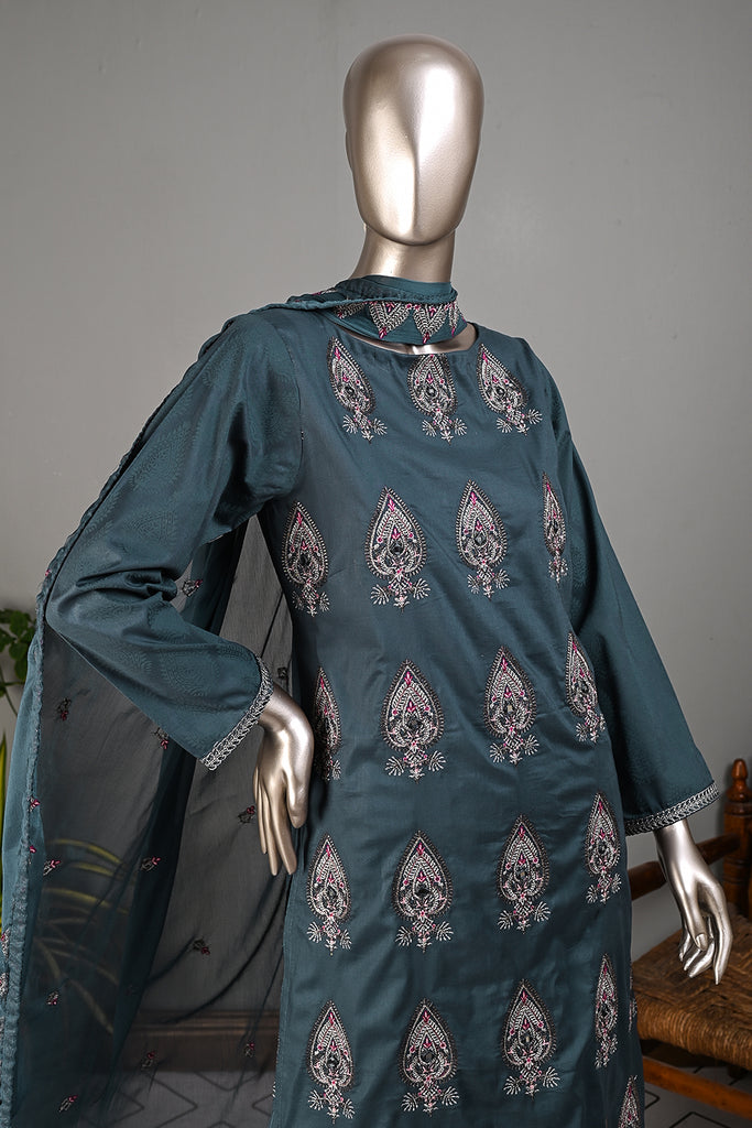 SC-203C-GreyishBlue - Perfect Aroma | 3Pc Cotton Embroidered & Printed Dress