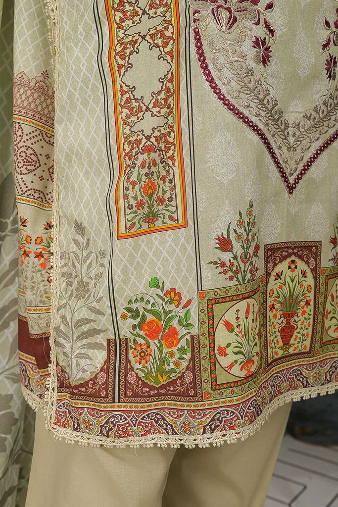 Dazzling Vase (DE-02-GreenishGrey) 3 Pc Unstitched Digital Printed & Embroidered Cotton Dress with Digital Printed Lawn Dupatta & Cotton Trouser