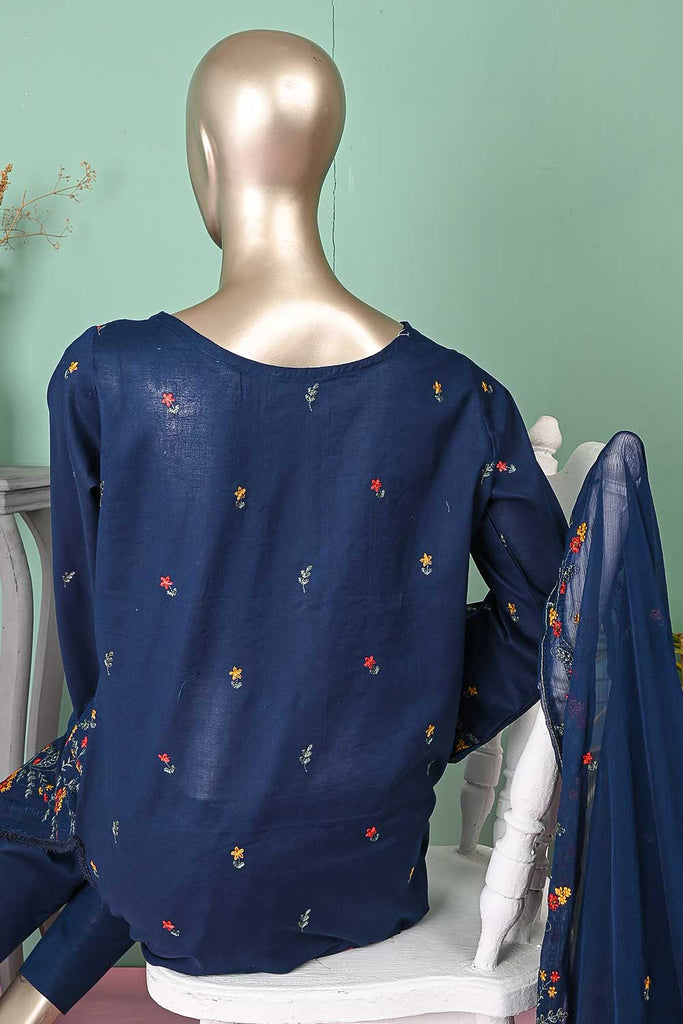 SC-298B-Blue - Emerald | 3Pc Cotton Embroidered & Printed Dress