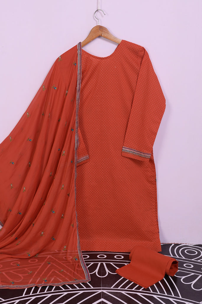 SC-206A-Orange - The Banquet | 3Pc Cotton Embroidered & Printed Dress