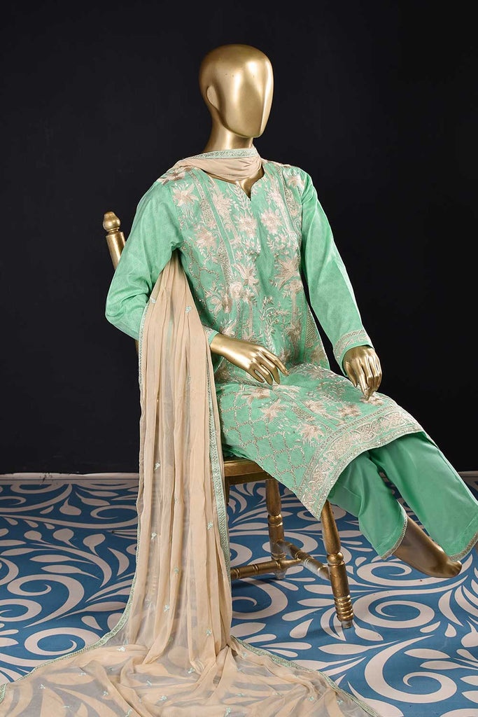 Aaina Flower (SC-89A-Green) Embroidered Cambric Dress with Embroidered Chiffon Dupatta