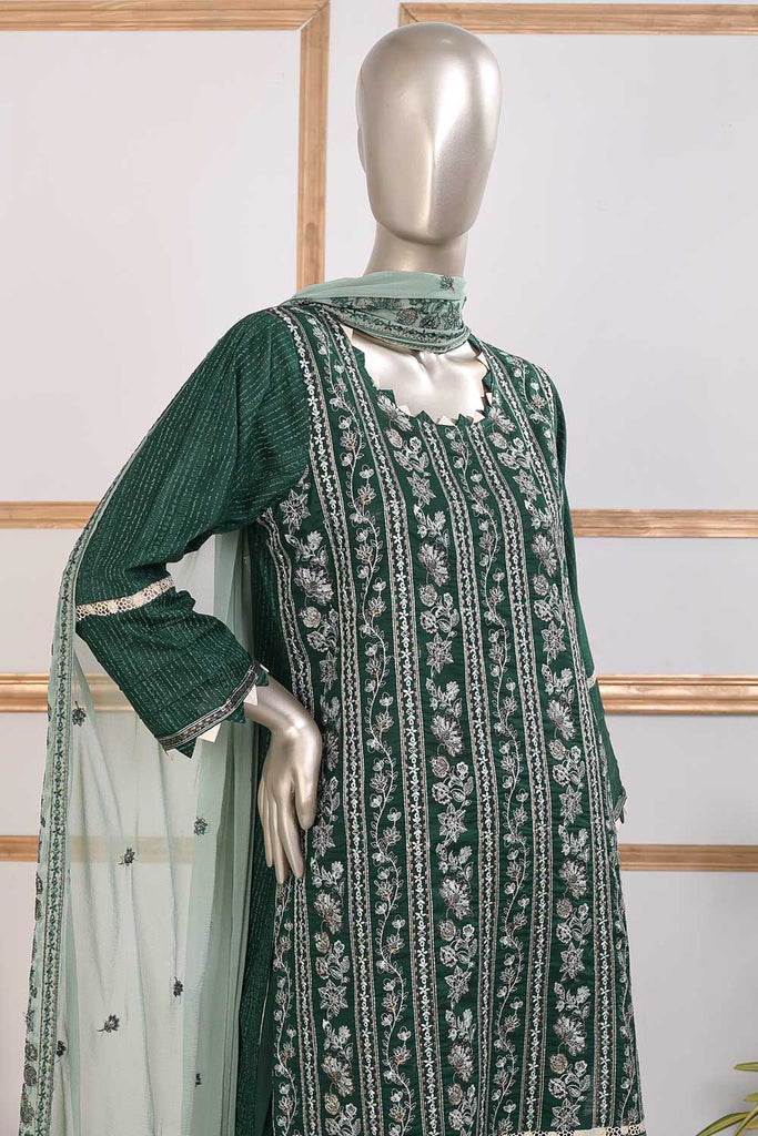 SC-262A-Green - Zero Point | 3Pc Cotton Embroidered & Printed Dress