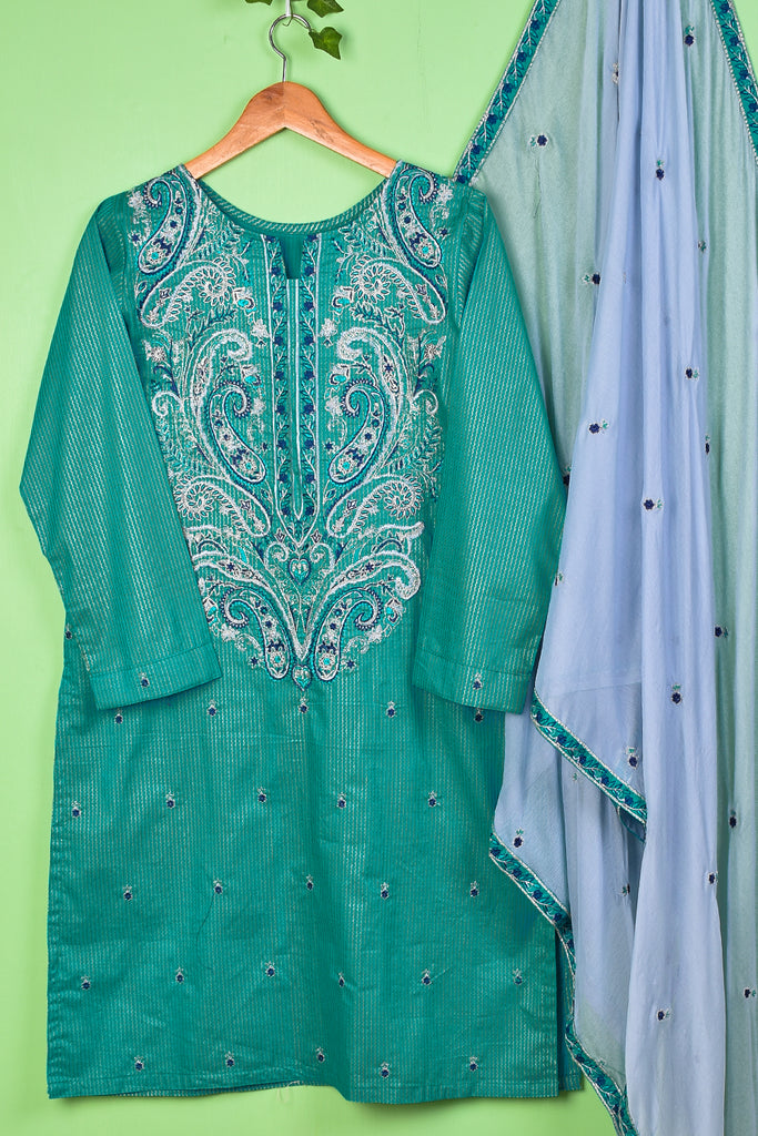 Aanchal (SC-180A-MintTurquoise) Embroidered & Printed Un-Stitched Cotton Dress With Embroidered Chiffon Dupatta
