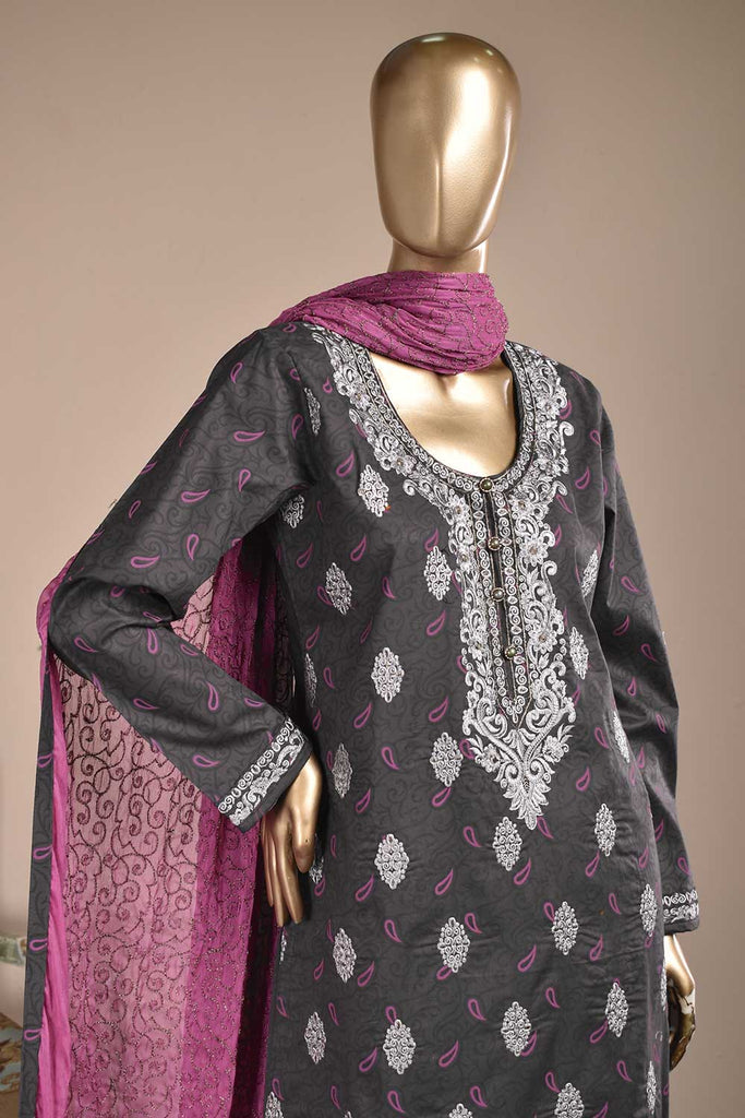 Almond Print (SC-7D-Grey) Embroidered & Printed Un-Stitched Cambric Dress With Embroidered Chiffon Dupatta