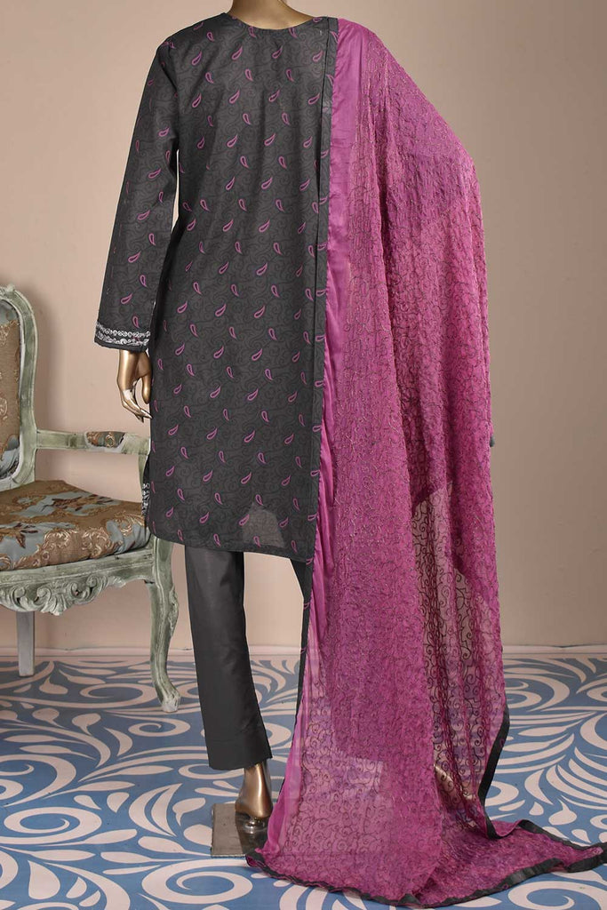 Almond Print (SC-7D-Grey) Embroidered & Printed Un-Stitched Cambric Dress With Embroidered Chiffon Dupatta