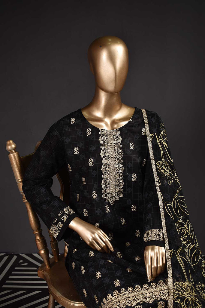 Apsara (SC-40E-Black) Embroidered & Printed Un-Stitched Cambric Dress With Embroidered & Printed Chiffon Dupatta