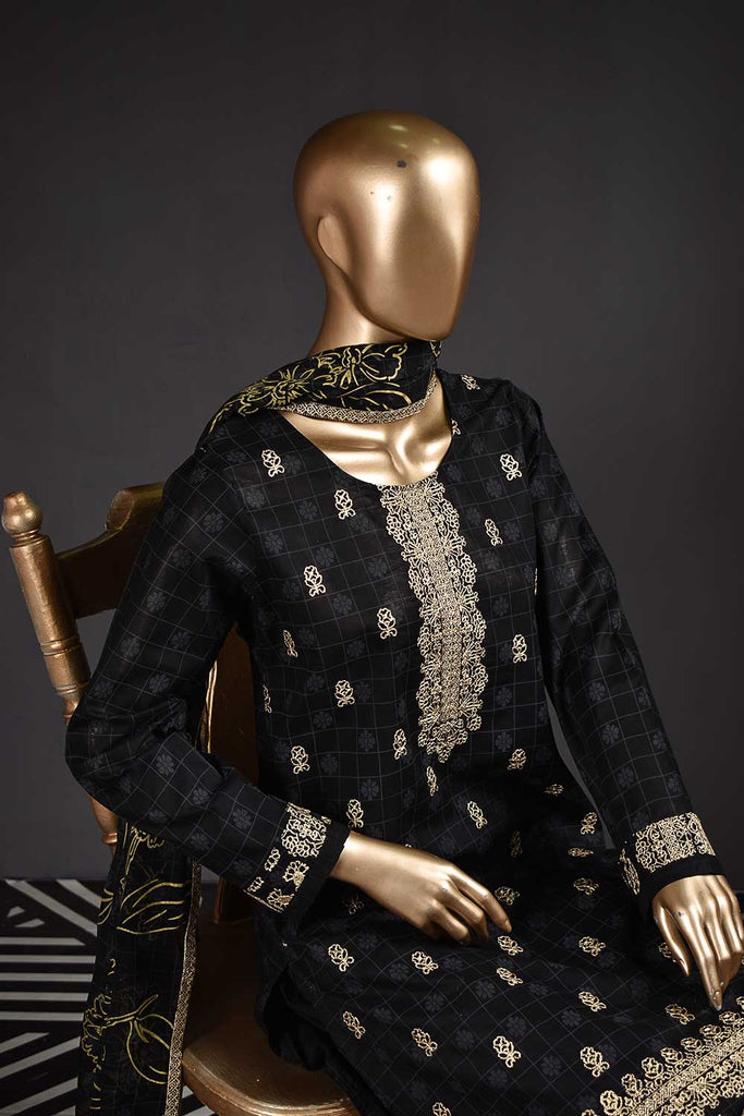 Apsara (SC-40E-Black) Embroidered & Printed Un-Stitched Cambric Dress With Embroidered & Printed Chiffon Dupatta