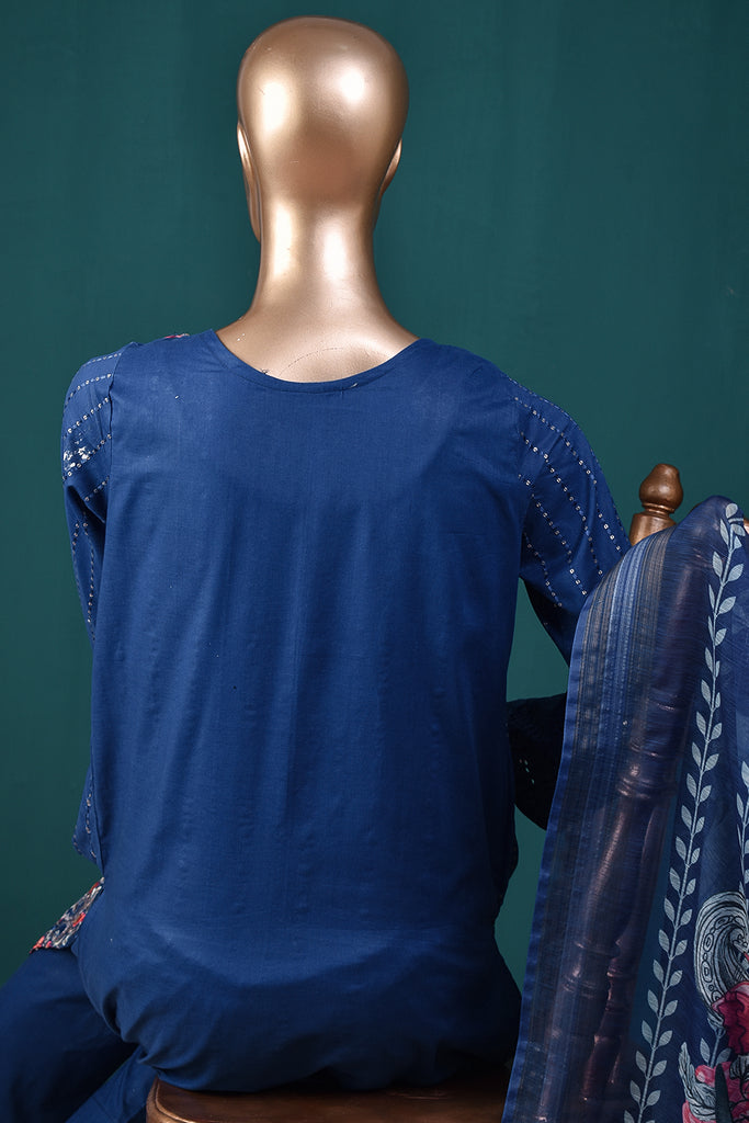 Aqs-e-Junoon (SC-184B-Blue) Chikankari Embroidered & Printed Un-Stitched Cotton Dress With Raw Khaddi Soft Organza Digital Printed Dupatta